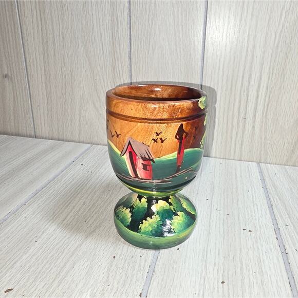 Vtg Handcrafted Handpainted Wooden Goblet Chalice Farm/Country Scene Cottagecore - Picture 1 of 8